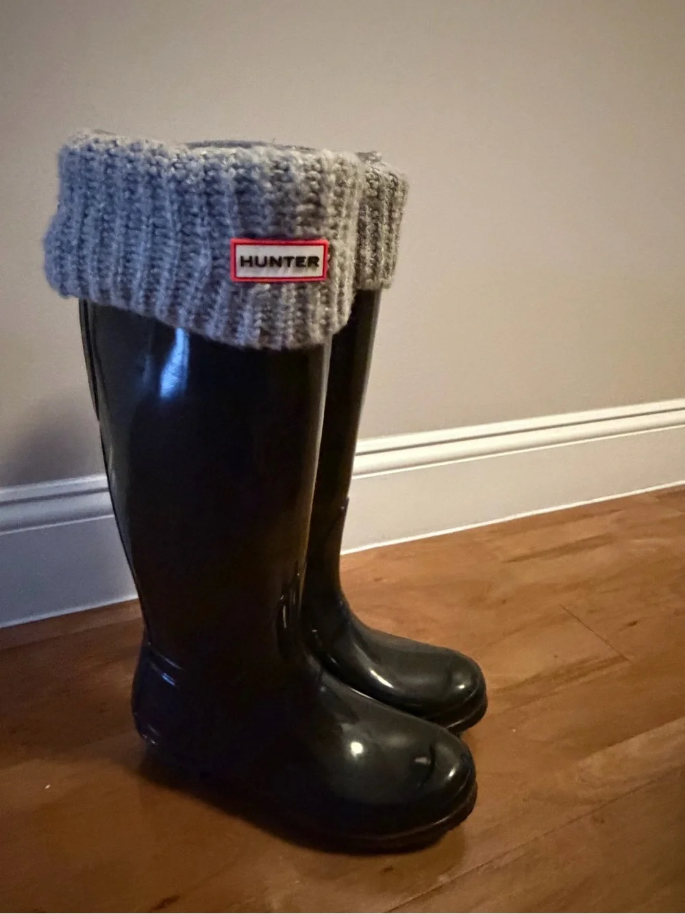 Hunter Tall Glossy Rain Boots Adjustable Back with Fleece Boot Liner